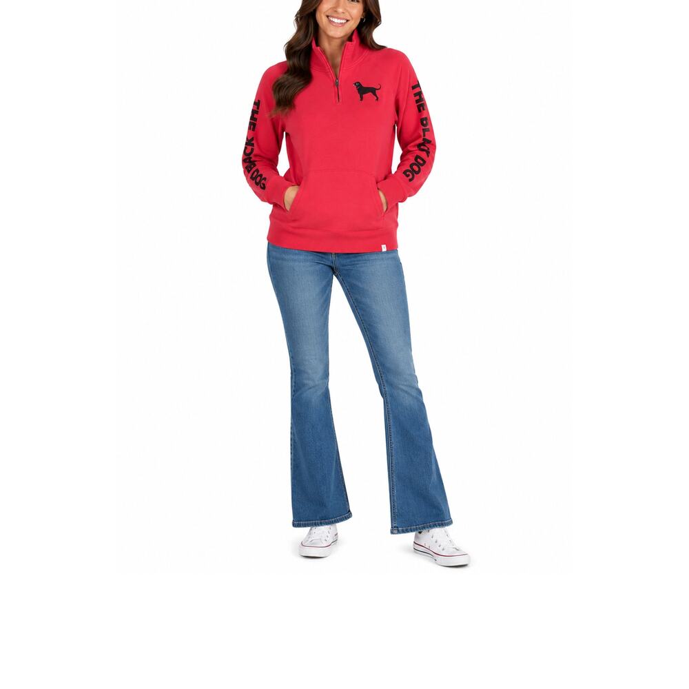 Black Dog Fleece Top Womens Size Medium Red Long Sleeve Pullover Pocket Cozy EUC
